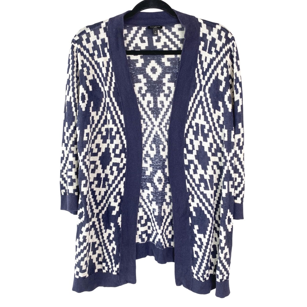 Talbots Womens Aztec Open Front Cardigan X Blue White Linen Coastal Geometric